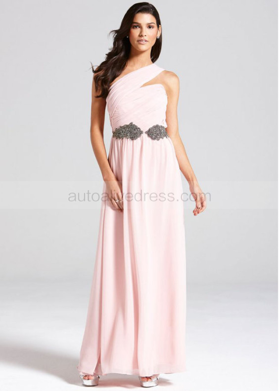 Blush Pink Chiffon Beads One Shoulder Long Prom Dress 